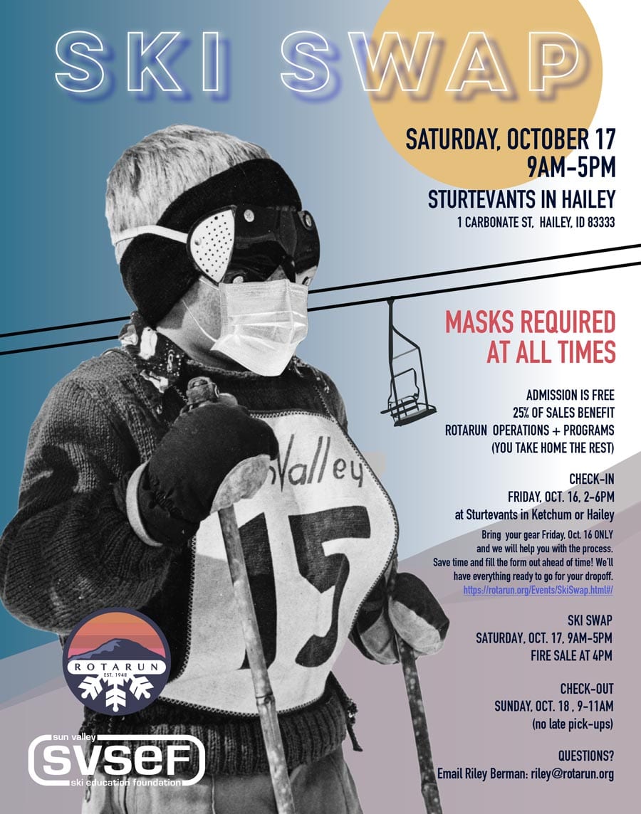 2020 Ski Swap flyer of skier kid with mask on.